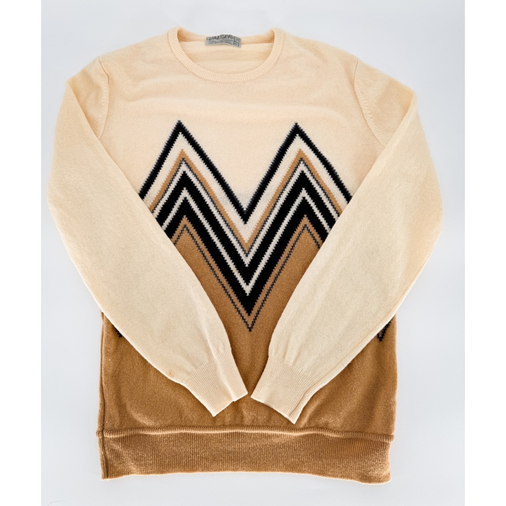 Vintage Jaeger Lambswool Sweater Mens 40 Cream Tan Chevron Stripe Made in UK